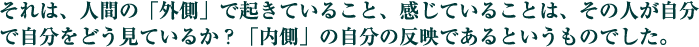 それは、人間の「外側」で起きていること、感じていることは、その人が自分で自分をどう見ているか？「内側」の自分の反映であるというものでした。